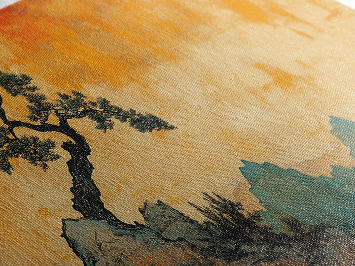 Lone Windblown Pine Orange Mountain Wall Art, Panoramic Canvas Print, Japandi Landscape Decor, Asian Inspired Home Decor