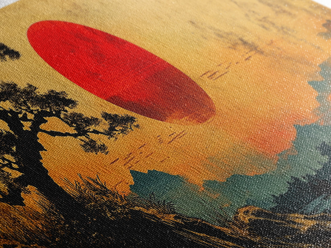 Red Sunset Over Pine Tree Japanese Wall Art, Panoramic Canvas Print, Japandi Landscape Decor, Zen Living Room Wall Art Print