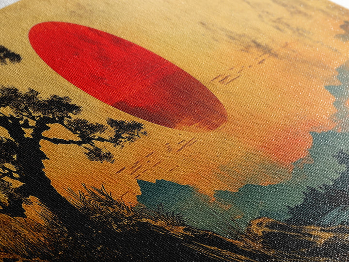 Red Sunset Over Pine Tree Japanese Wall Art, Panoramic Canvas Print, Japandi Landscape Decor, Zen Living Room Wall Art Print
