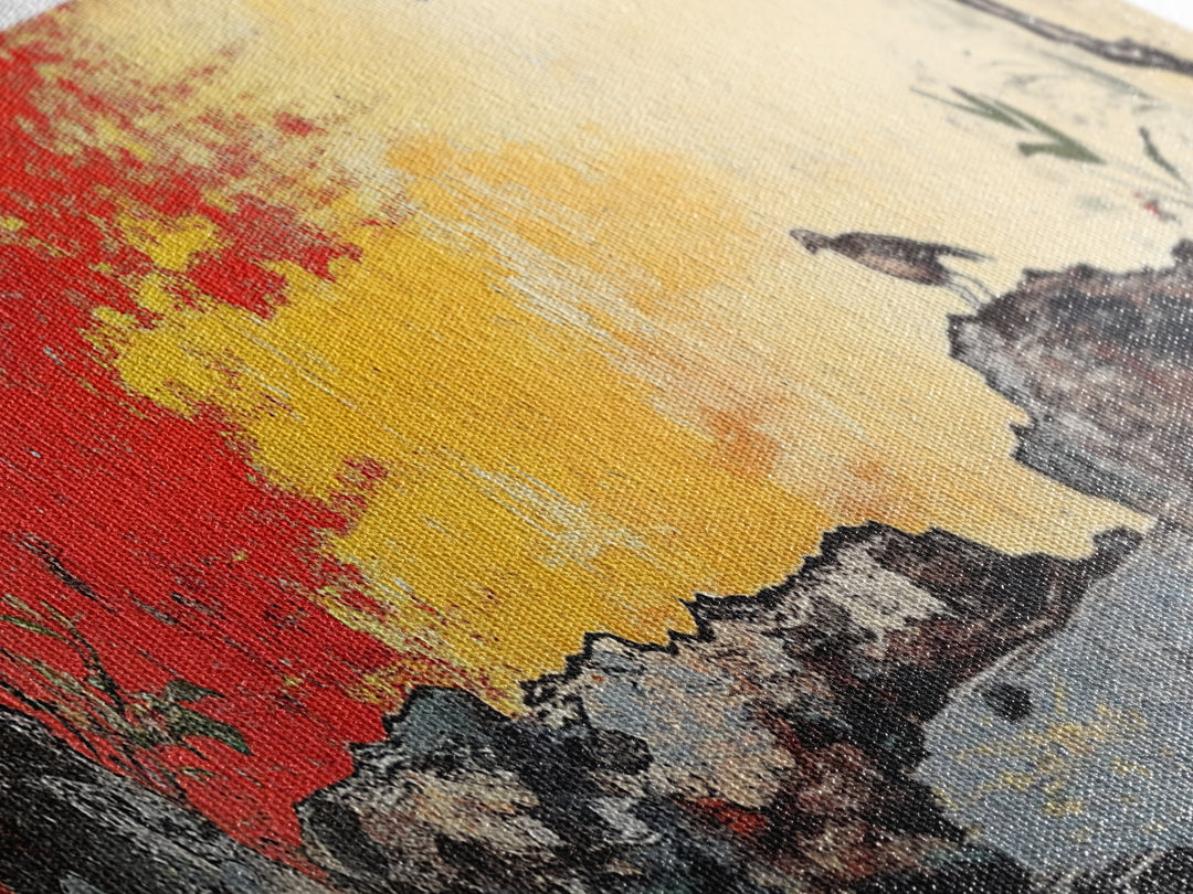 Crow On Rocky Japanese Garden Wall Art, Red Sunset Landscape Print, Asian Inspired Decor, Large Horizontal Canvas For Living Room