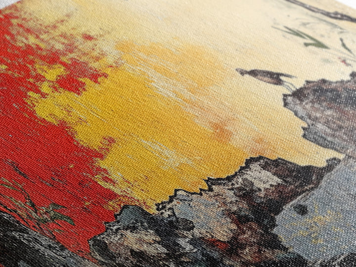 Crow On Rocky Japanese Garden Wall Art, Red Sunset Landscape Print, Asian Inspired Decor, Large Horizontal Canvas For Living Room