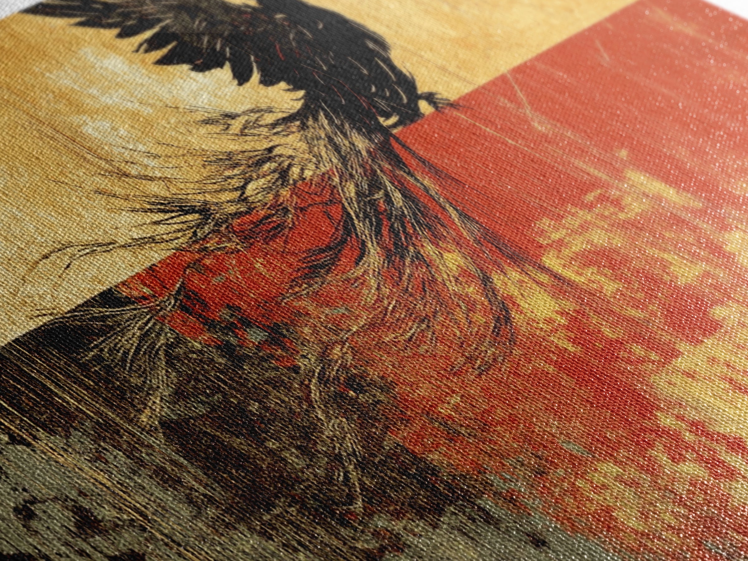 Black Bird In Flight Wall Art, Japanese Raven Print, Red And Gold Abstract Nature Decor, Large Horizontal Canvas For Office