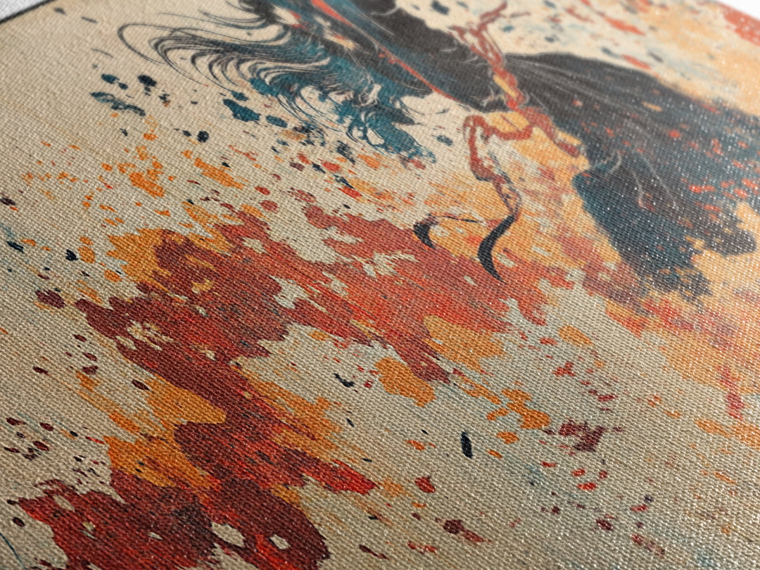 Flowing Black Dancer Abstract Wall Art, Feminine Figure Print, Orange Motion Decor, Contemporary Canvas For Bedroom Or Living Room
