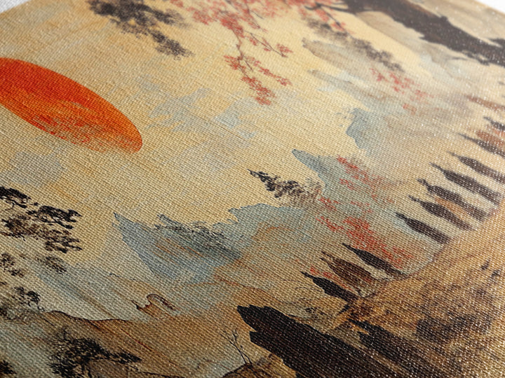 Red Sun Mountain Journey Wall Art, Japanese Landscape Print, Panoramic Canvas, Asian Home Decor, Living Room Decor Gift Idea