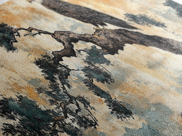 Eagle Pine Branch Wall Art, Japanese Bird Print, Panoramic Wildlife Canvas, Nature Inspired Decor, Office Living Room Art