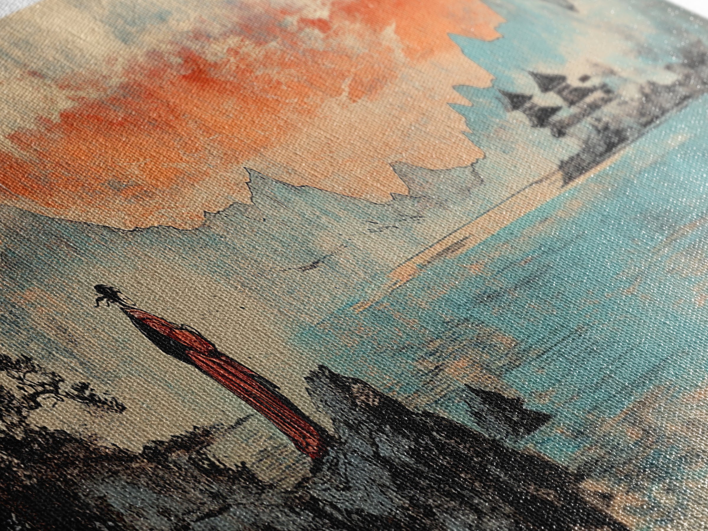 Geisha By Lake Wall Art, Japanese Sunset Landscape Print, Pagoda Canvas, Asian Home Decor, Panoramic Living Room Art Gift