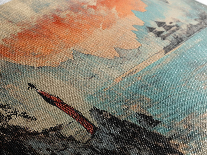 Geisha By Lake Wall Art, Japanese Sunset Landscape Print, Pagoda Canvas, Asian Home Decor, Panoramic Living Room Art Gift