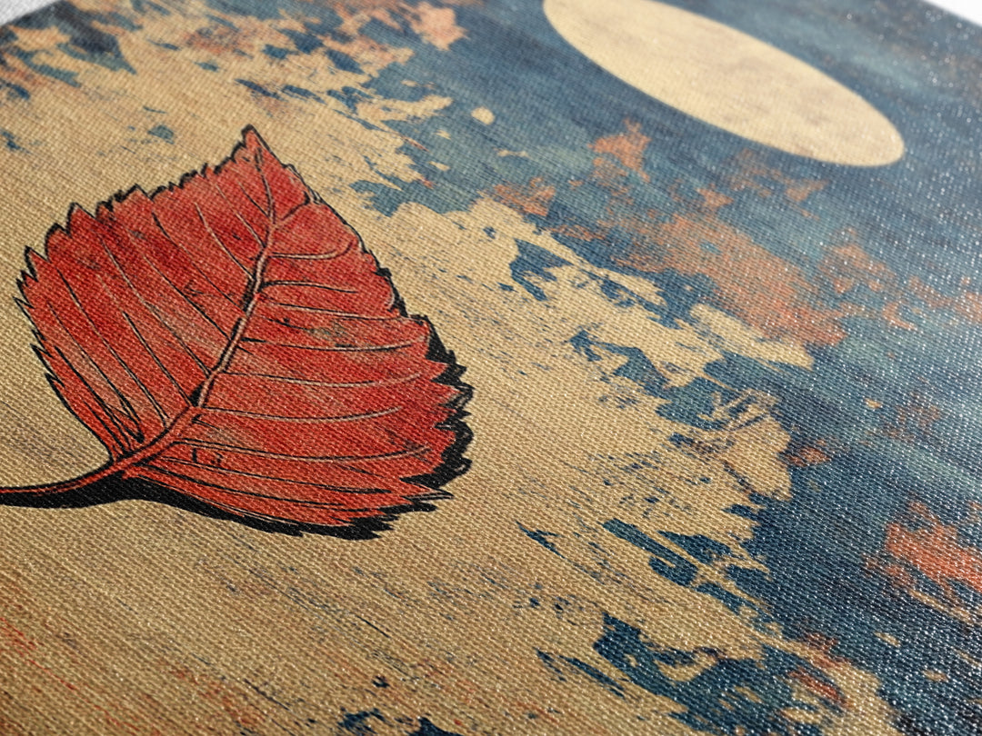 Red Autumn Leaf Wall Art, Japanese Minimalist Print, Navy Blue Canvas, Nature Inspired Decor, Modern Asian Home Decor Gift