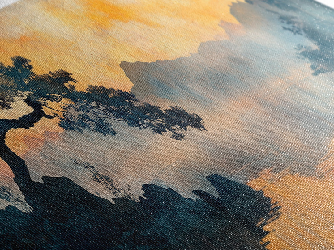 Orange Sunset Pine Lake Canvas Print, Japanese Landscape Wall Art, Moody Nature Decor, Zen Living Room Wall Decor, Warm Home Decor