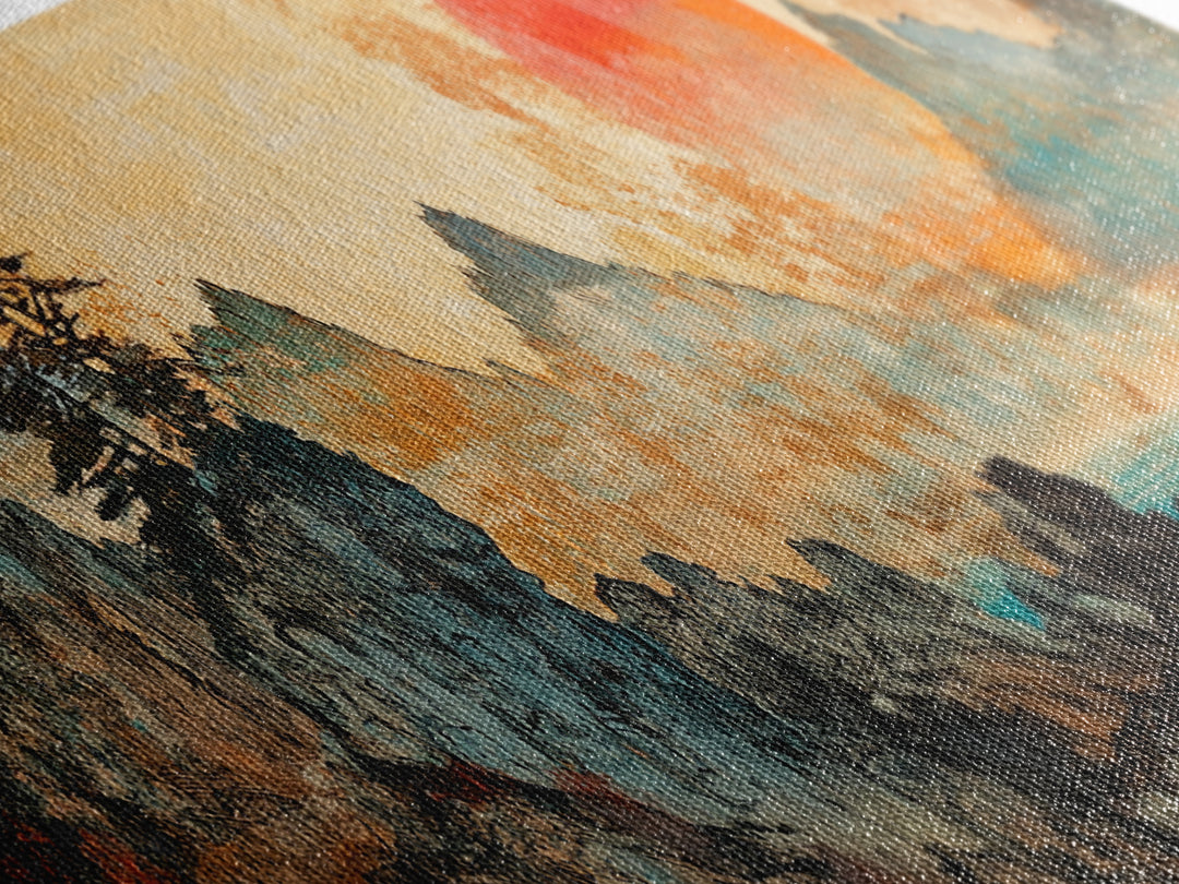 Red Sun Mountain Lake Canvas Print, Japanese Landscape Wall Art, Panoramic Coastal Decor, Large Living Room Art, Above Sofa Art