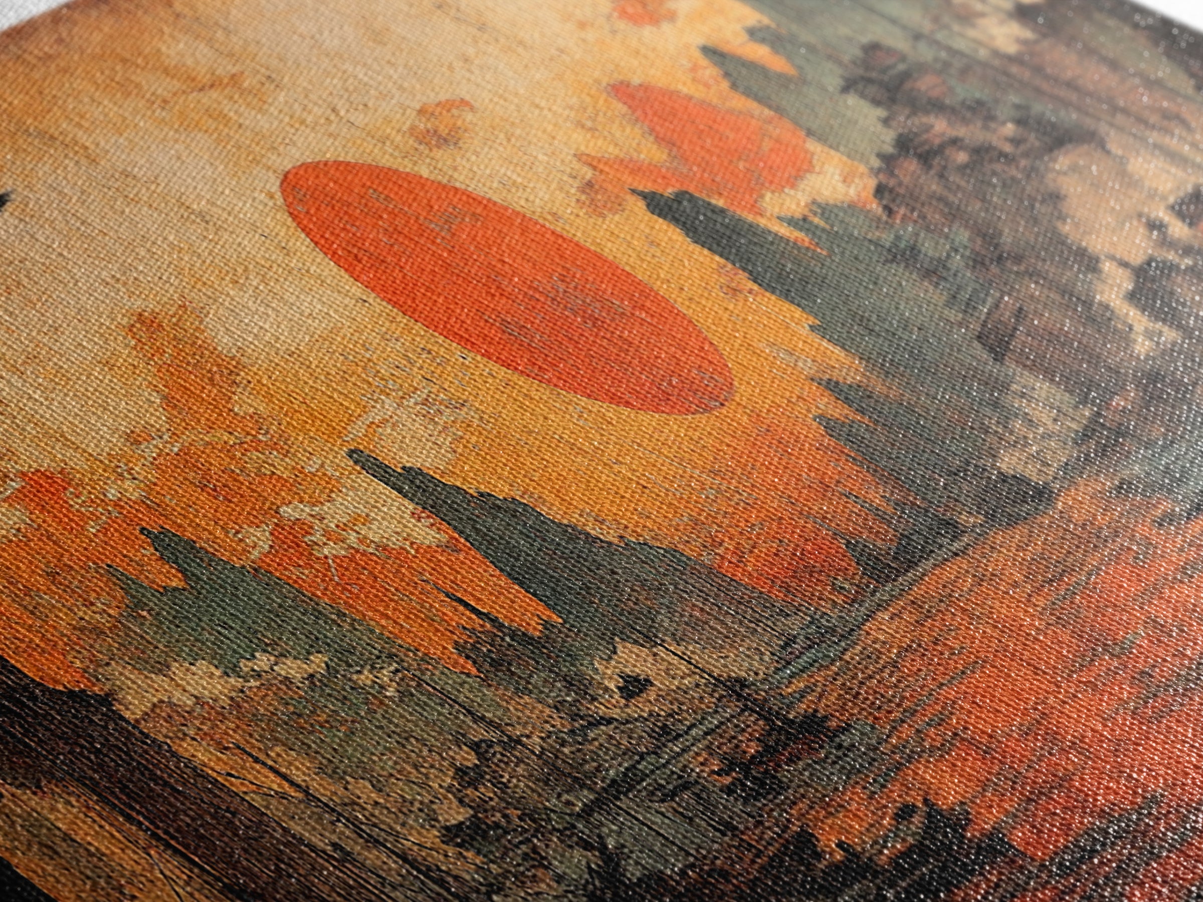 Orange Sunset Harbor Wall Art, Asian Landscape Canvas Print, Coastal Seascape Decor, Panoramic Living Room Art, Above Sofa Art