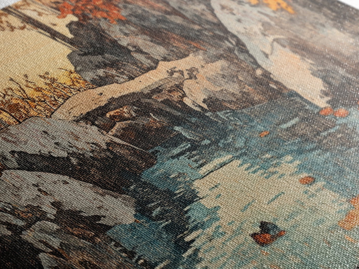 Autumn Rocky Creek Canvas Print, Japanese Landscape Painting, Rustic Nature Wall Decor, Panoramic Living Room Art, Home Decor