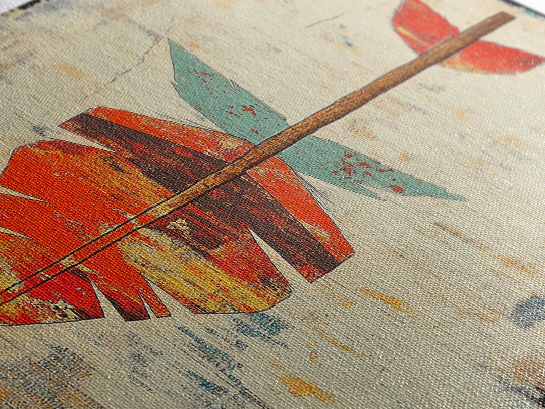 Rustic Painted Arrow With Red Feathers Wall Art, Southwestern Canvas Print, Boho Western Decor, Long Horizontal Art Print