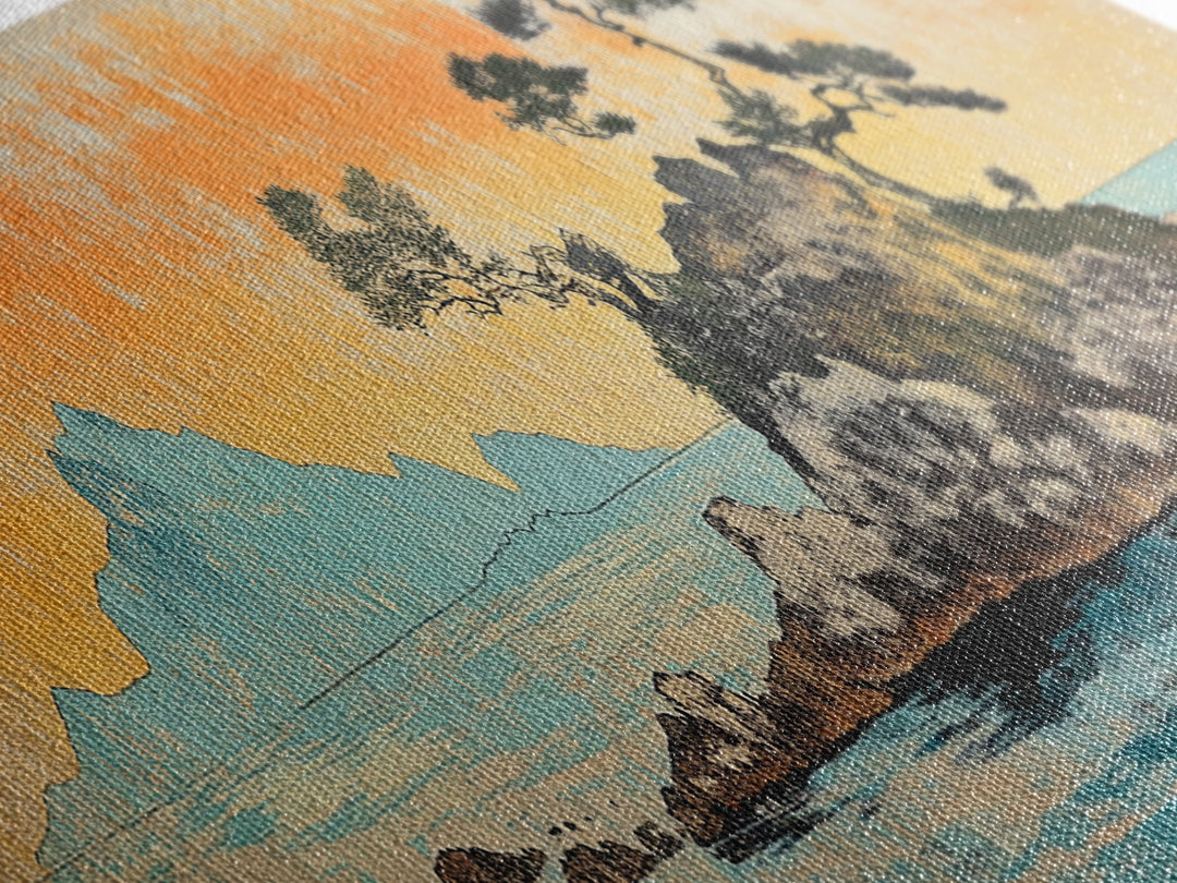 Rocky Island Pines On Calm Sea Wall Art, Japanese Coastal Landscape Canvas Print, Orange Sunset Decor, Wide Panoramic Art