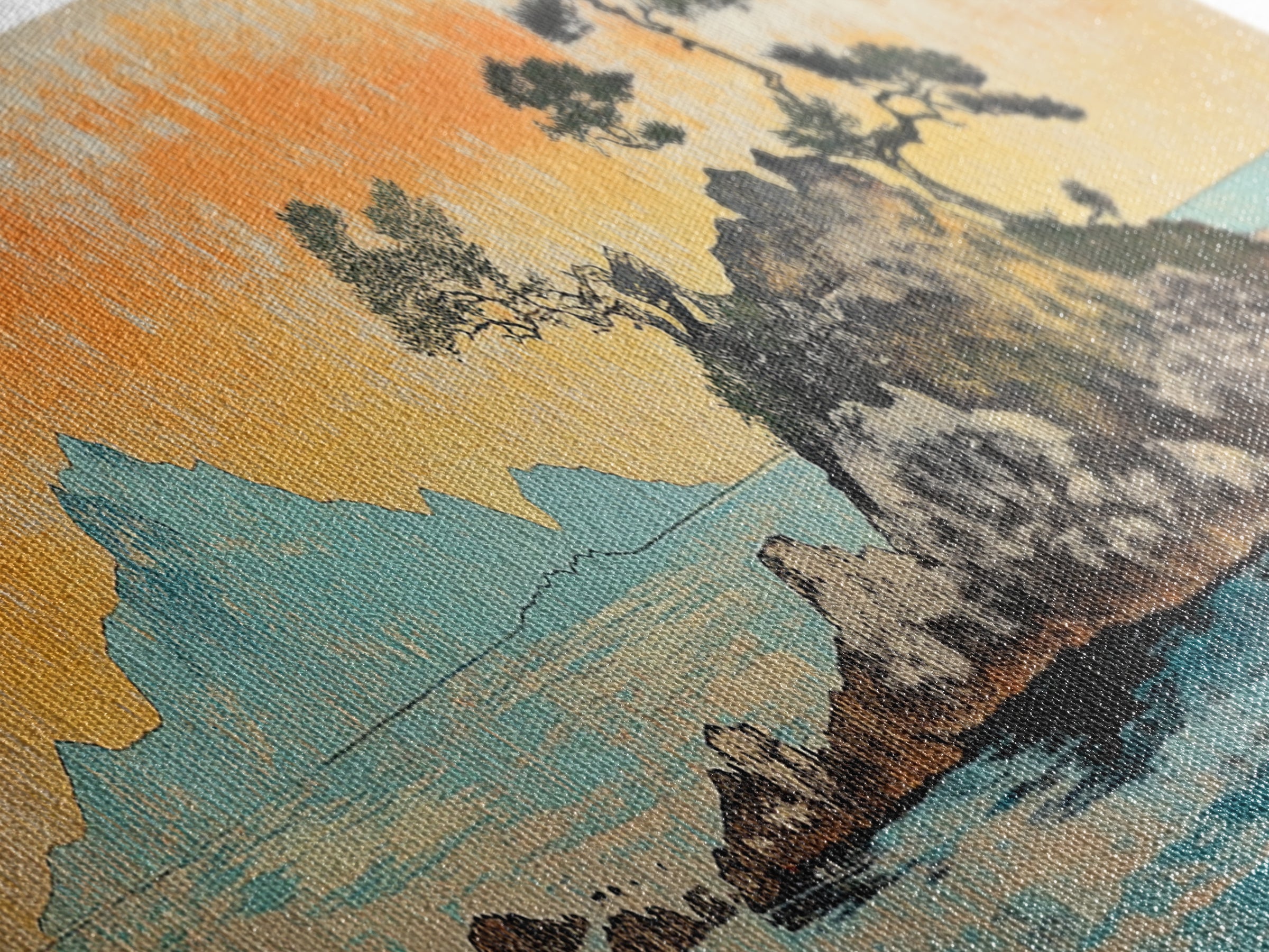 Rocky Island Pines On Calm Sea Wall Art, Japanese Coastal Landscape Canvas Print, Orange Sunset Decor, Wide Panoramic Art