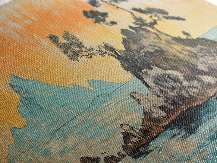 Rocky Island Pines On Calm Sea Wall Art, Japanese Coastal Landscape Canvas Print, Orange Sunset Decor, Wide Panoramic Art