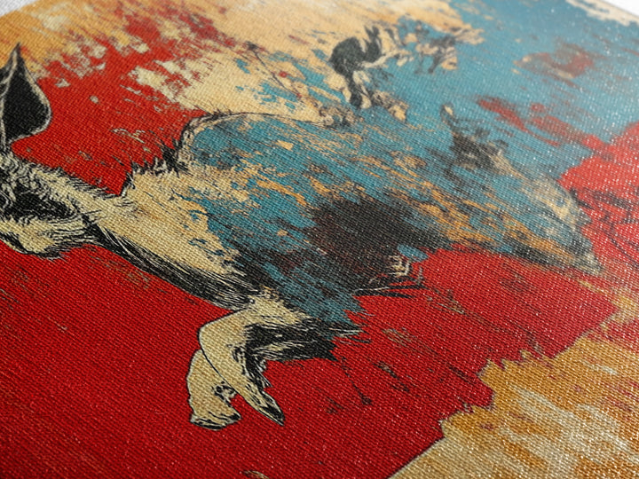 Running Hare Over Red And Blue Brushstrokes Wall Art, Japanese Rabbit Canvas Print, Whimsical Animal Decor, Bold Wall Decor