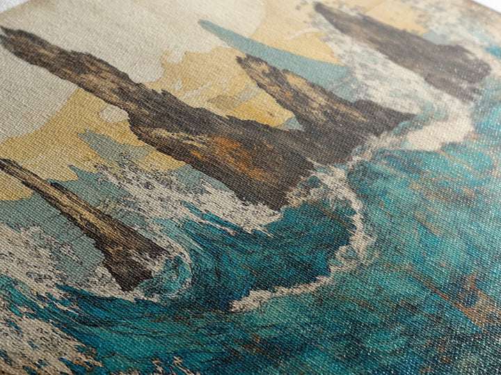 Jagged Sea Stacks In Turquoise Waves Wall Art, Large Panoramic Coastal Seascape Canvas Print, Nautical Decor, Moody Landscape Art
