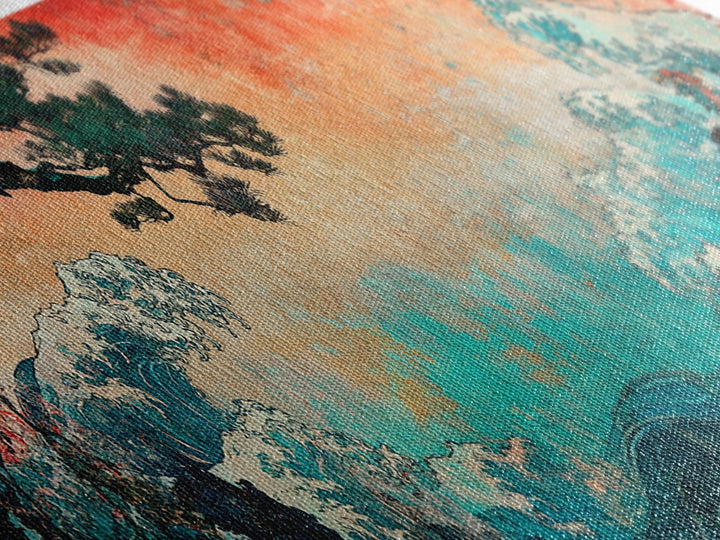 Stormy Teal Ocean Waves And Pine Branch Wall Art, Japanese Seascape Canvas Print, Coastal Decor, Long Horizontal Art, Living Room Decor