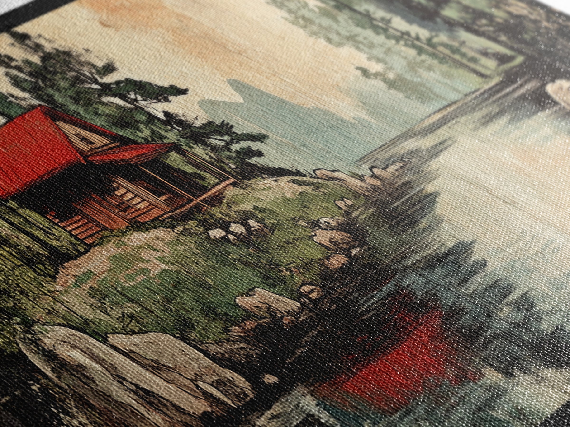 Rustic Red Roof Cabin Beside Forest Lake Framed Canvas Print, Mountain Landscape Wall Art, Cabin Decor, Housewarming Gift