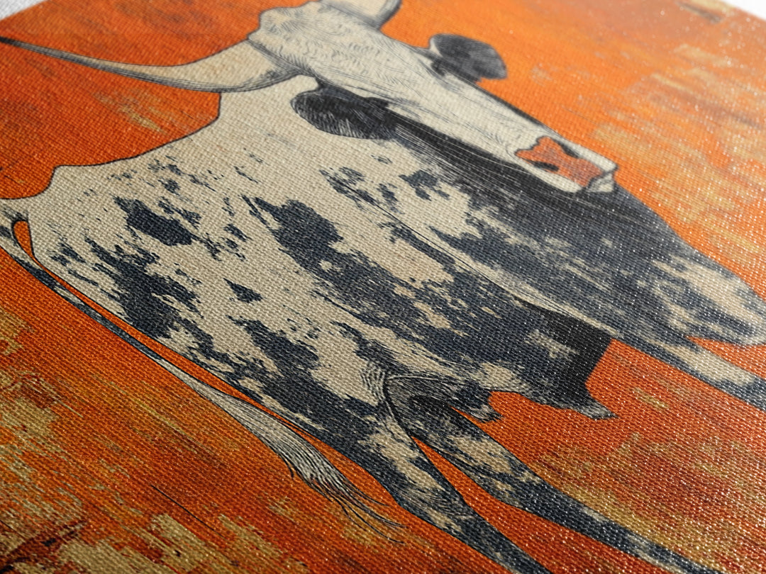 Texas Longhorn Cow On Orange Wall Art, Western Canvas Print, Rustic Ranch Decor, Southwestern Farmhouse Gift For Him, Man Cave Decor