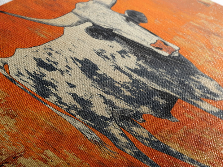Texas Longhorn Cow On Orange Wall Art, Western Canvas Print, Rustic Ranch Decor, Southwestern Farmhouse Gift For Him, Man Cave Decor