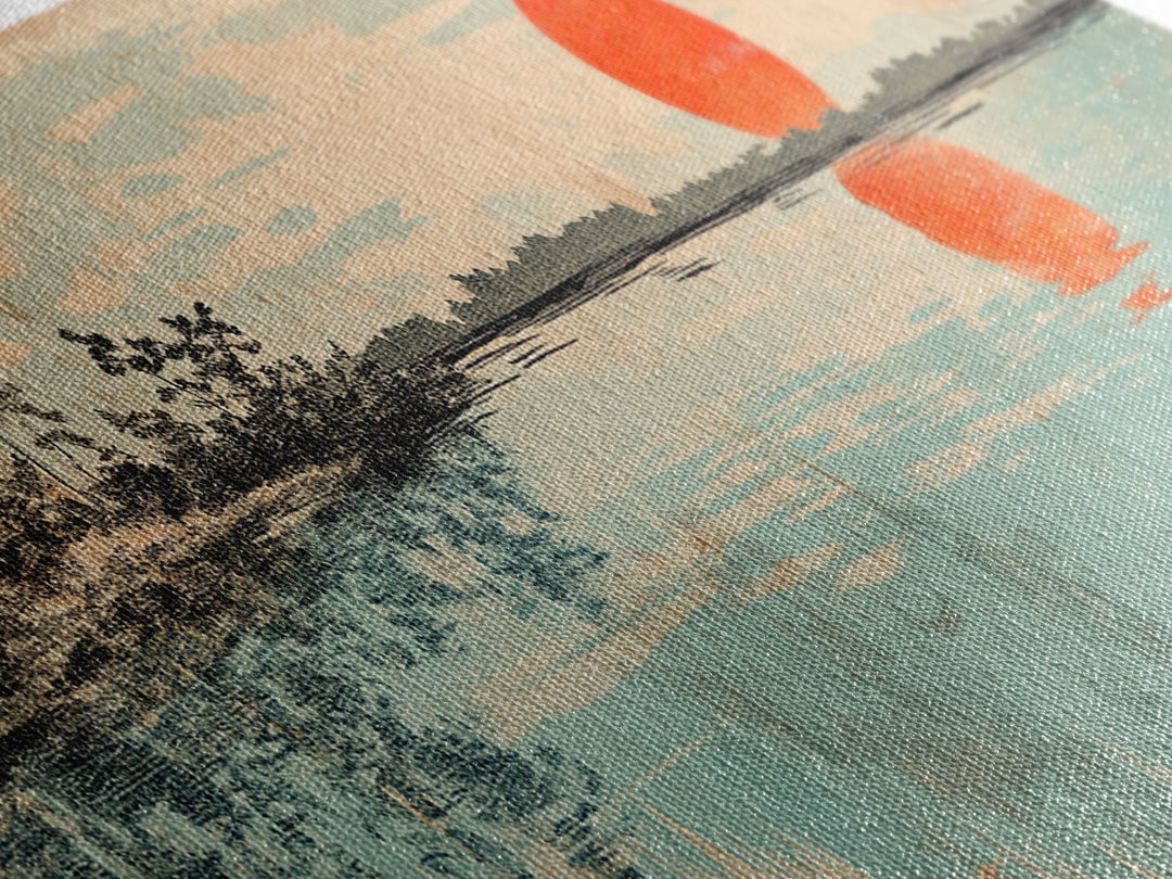 Red Sun Over Serene Teal Lake Wall Art, Japanese Landscape Print, Panoramic Canvas, Japandi Living Room Decor, Coastal Home Decor