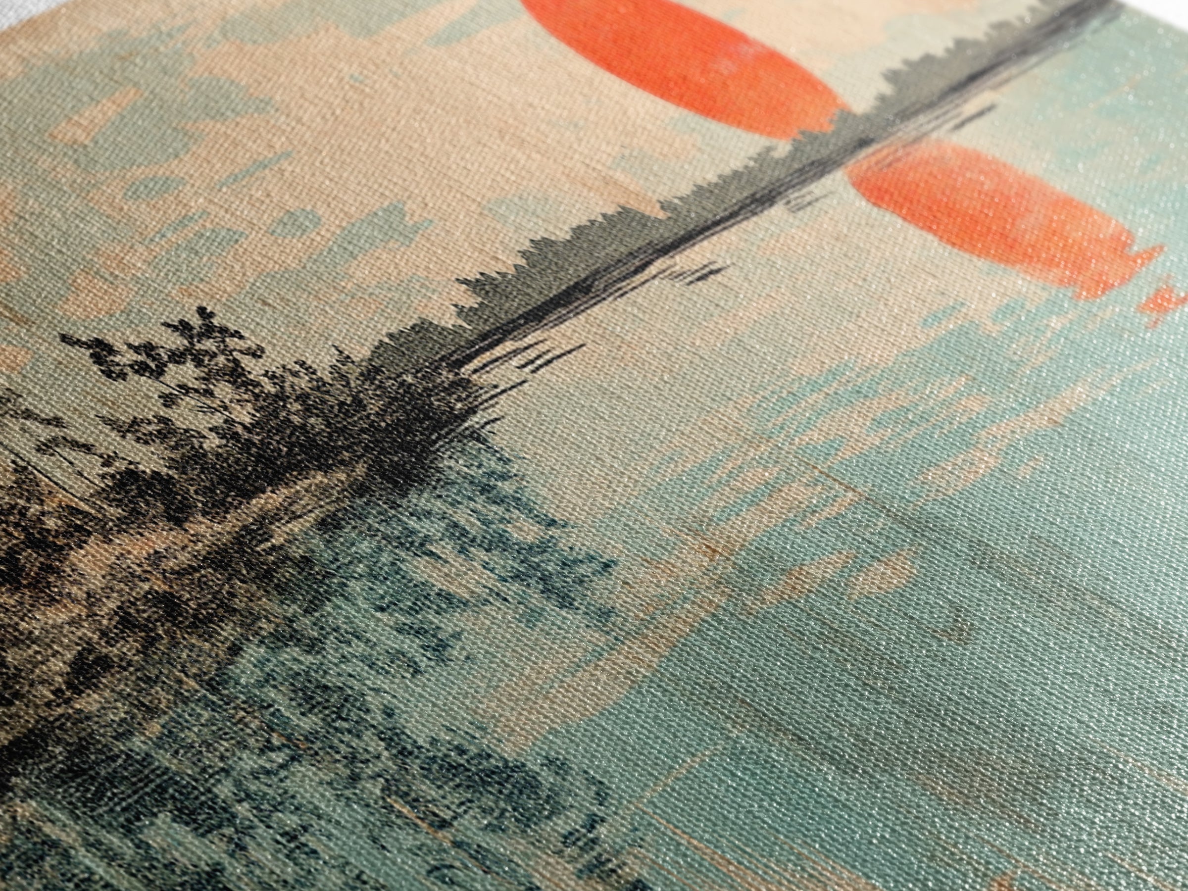 Red Sun Over Serene Teal Lake Wall Art, Japanese Landscape Print, Panoramic Canvas, Japandi Living Room Decor, Coastal Home Decor