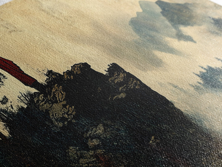 Solitary Monk On Misty Mountain Cliff Wall Art, Asian Landscape Print, Zen Meditation Decor, Japandi Office Wall Decor Art