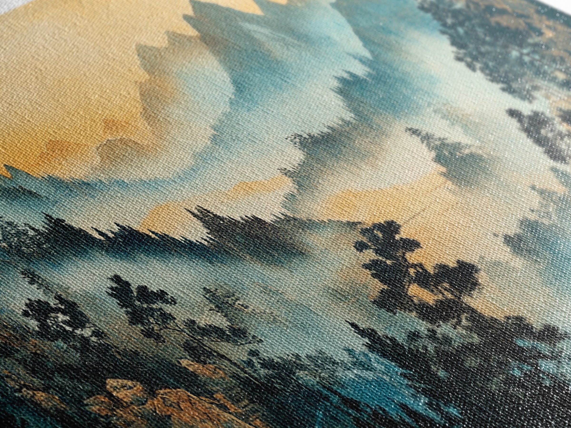 Misty Blue Mountain Valley Canvas Print, Asian Landscape Wall Art, Panoramic Nature Print, Japandi Living Room Decor, Housewarming Gift