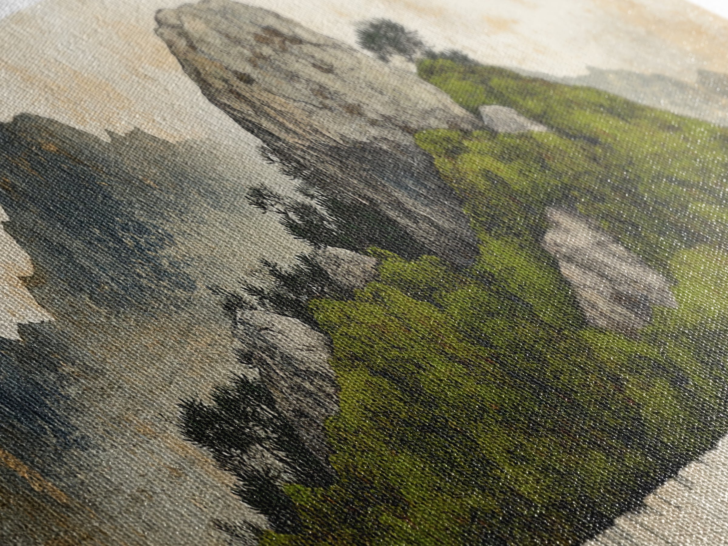 Green Moss Island With Ink Mountains Wall Art, Asian Landscape Print, Chinese Brush Style, Zen Home Decor, Office Wall Art