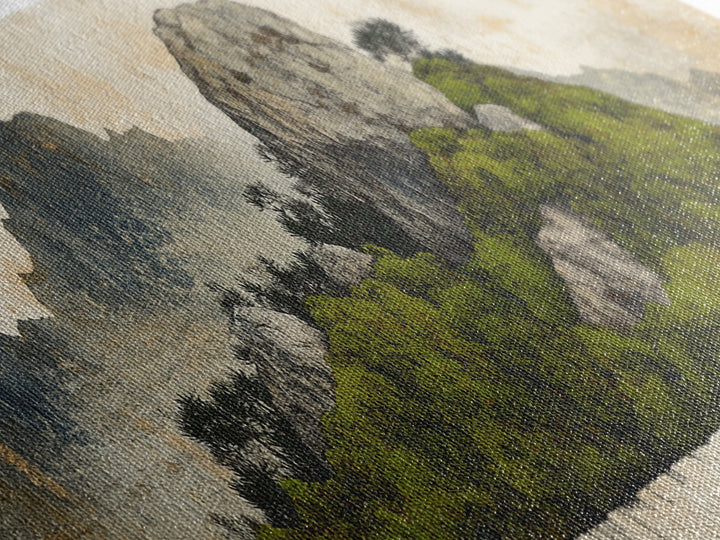 Green Moss Island With Ink Mountains Wall Art, Asian Landscape Print, Chinese Brush Style, Zen Home Decor, Office Wall Art