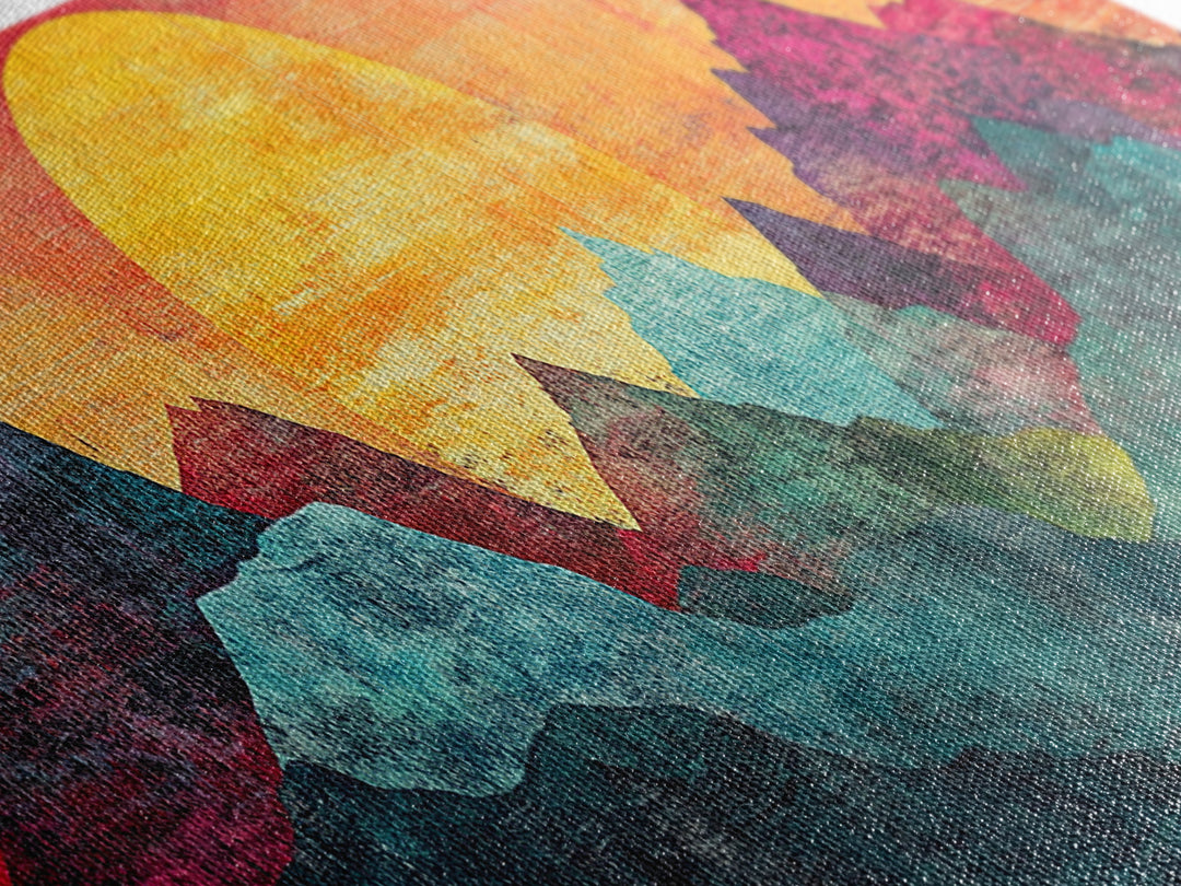 Geometric Mountain Sunrise With Teal And Magenta Peaks Wall Art, Mid Century Modern Canvas Print, Colorful Landscape Decor