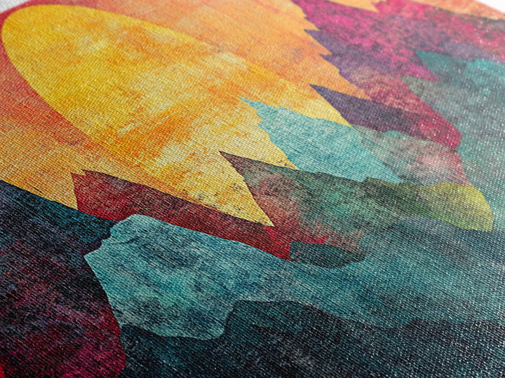 Geometric Mountain Sunrise With Teal And Magenta Peaks Wall Art, Mid Century Modern Canvas Print, Colorful Landscape Decor
