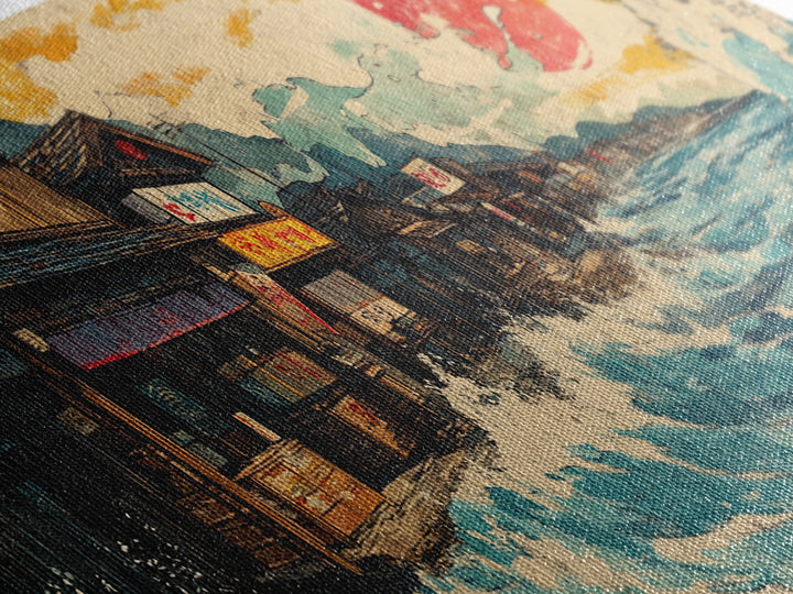 Japanese Seaside Village With Red Sun Wall Art, Panoramic Canvas Print, Ocean Wave Decor, Coastal Kitchen Art Print Home Decor