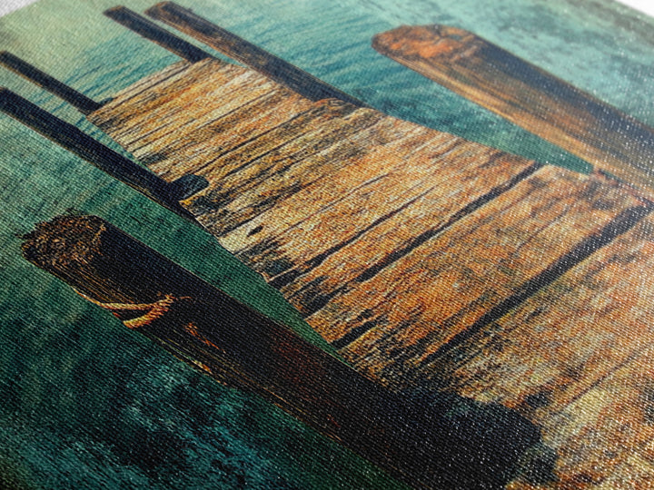 Weathered Wooden Dock Over Teal Water Wall Art, Panoramic Canvas Print, Lake House Decor, Nautical Living Room Art Coastal Decor