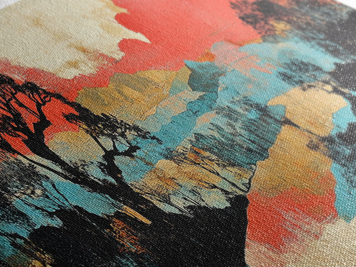 Coral Sky Abstract River Trees Wall Art, Japanese Landscape Print, Panoramic Canvas, Modern Asian Living Room Decor, Home Decor