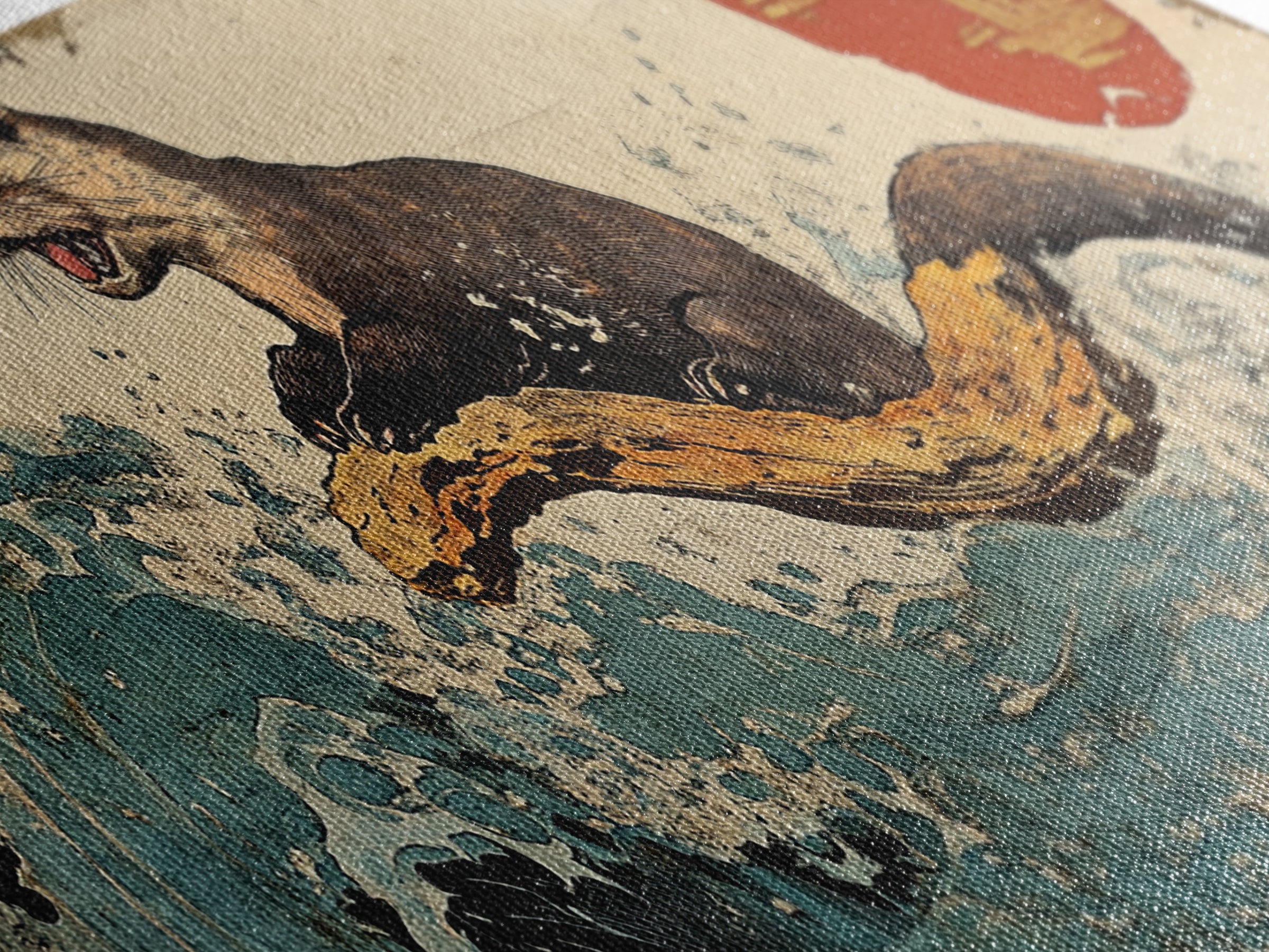 Playful Otter Riding Ocean Wave Wall Art, Japanese Animal Print, Panoramic Canvas, Coastal Bathroom Decor, Wildlife Gift For Her