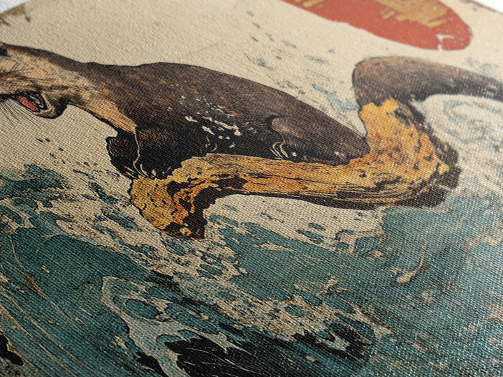 Playful Otter Riding Ocean Wave Wall Art, Japanese Animal Print, Panoramic Canvas, Coastal Bathroom Decor, Wildlife Gift For Her