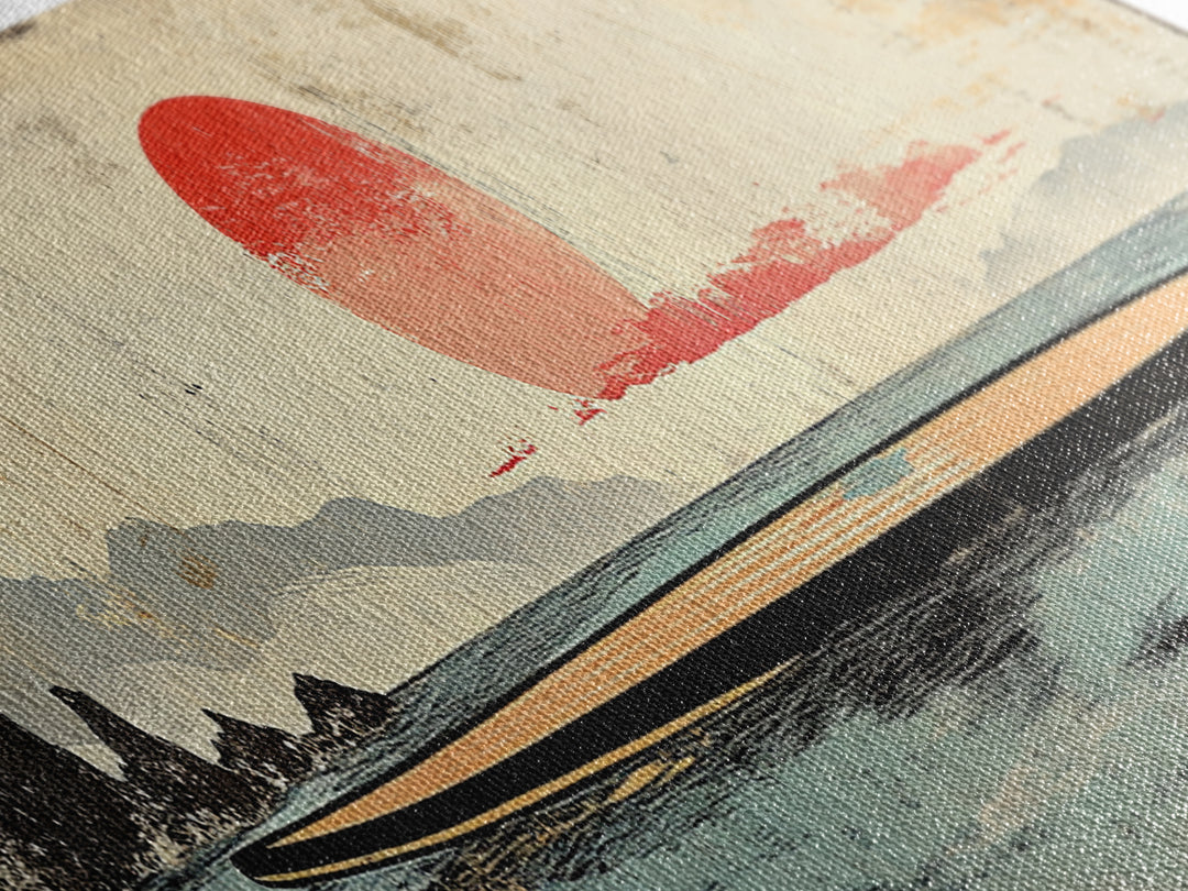 Red Sun Seascape Minimalist Wall Art, Japanese Coastal Canvas Print, Neutral Beach House Decor, Living Room Art Print, Zen Home Decor