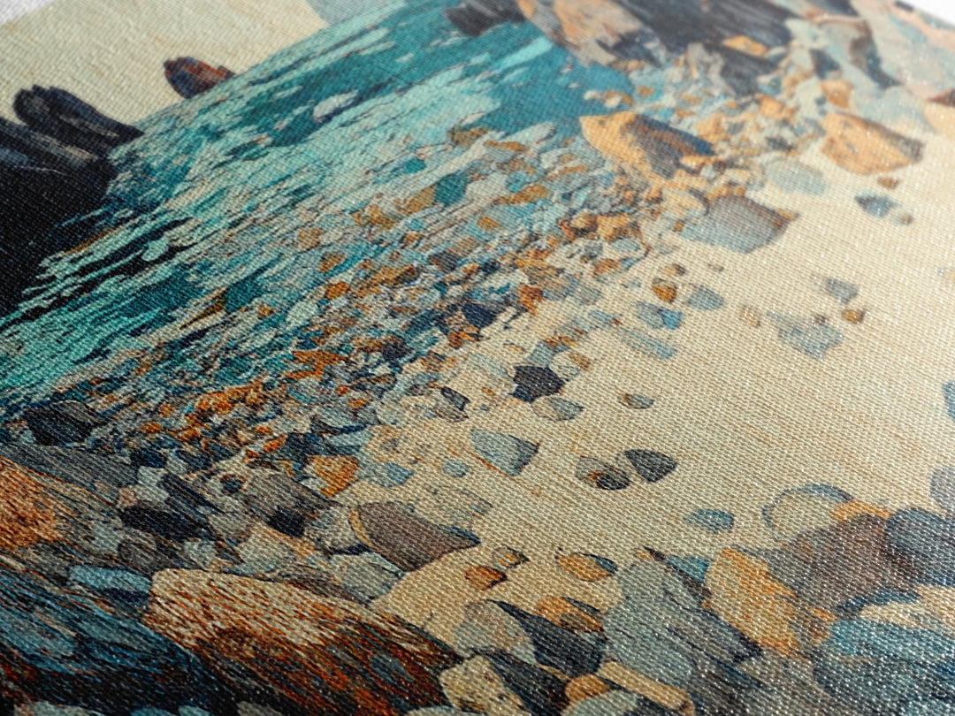 Turquoise Rocky Shore Seascape Wall Art, Coastal Canvas Print, Ocean Landscape, Beach House Decor, Large Living Room Art