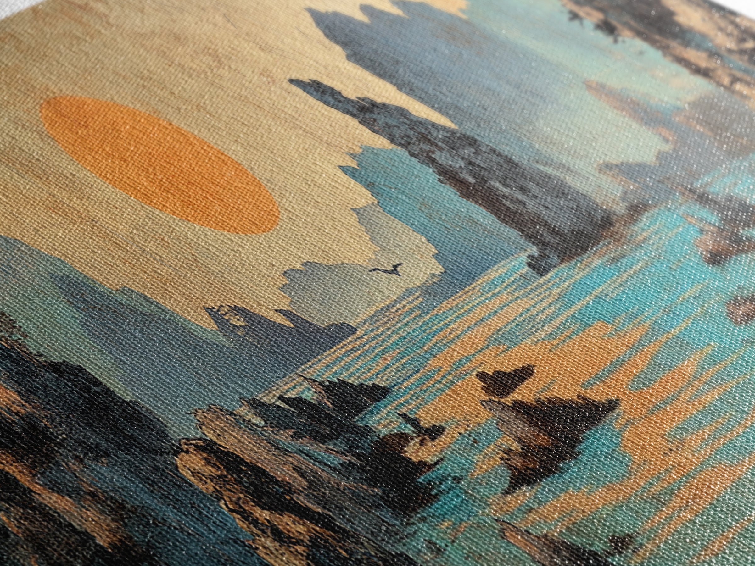 Turquoise Karst Bay Sunset Wall Art, Asian Landscape Print, Japanese Wall Decor, Zen Coastal Art, Panoramic Canvas Print