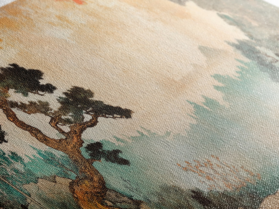 Misty Pine Tree Mountain Wall Art, Japanese Landscape Print, Japandi Wall Decor, Serene Nature Art, Large Horizontal Canvas