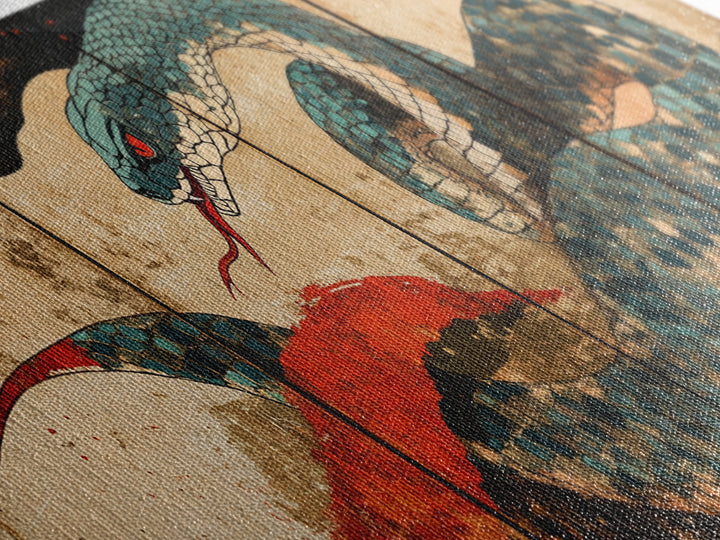 Teal Serpent With Red Sun Waves Wall Art, Japanese Snake Canvas, Ukiyo E Style, Asian Decor, Bold Wildlife Living Room Print