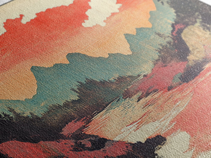 Coral Sky River Valley Wall Art, Japanese Mountain Landscape Print, Long Horizontal Canvas, Modern Living Room Decor, Home Decor