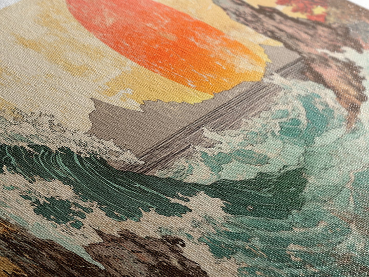 Crashing Wave And Red Sun, Japanese Wall Art, Ocean Seascape Canvas Print, Coastal Wall Decor, Large Living Room Art, Home Decor