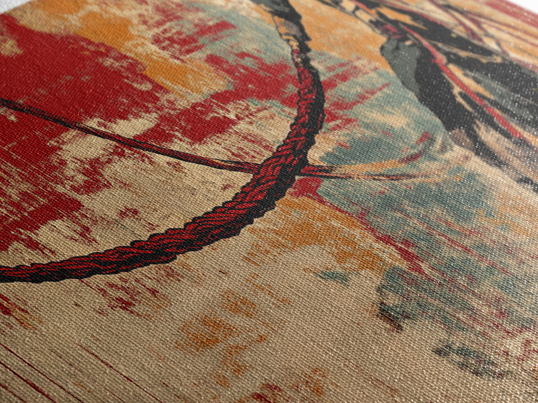 Western Lasso Rope On Red Teal Texture, Cowboy Wall Art, Rustic Canvas Print, Man Cave Decor, Western Home Decor Gift For Him