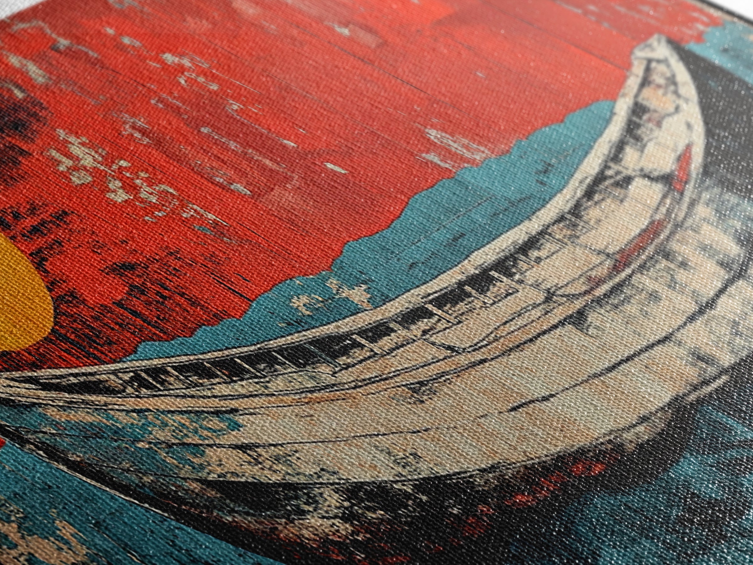 White Fishing Boat On Red Teal Sea, Japanese Wall Art, Nautical Canvas Print, Coastal Wall Decor, Beach House Decor Gift