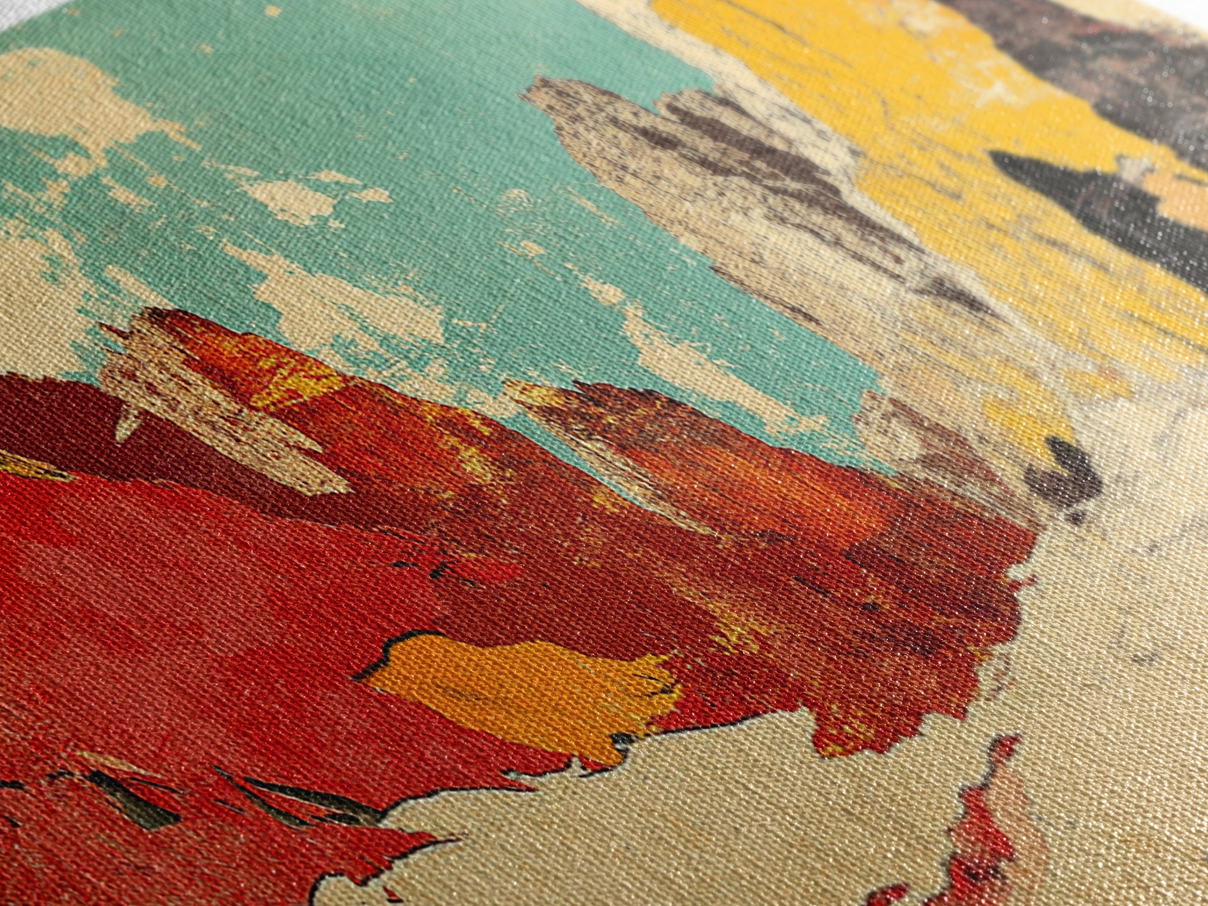 Red Teal Abstract Mountain Landscape Wall Art, Panoramic Canvas Print, Modern Southwestern Decor, Long Horizontal Wall Decor