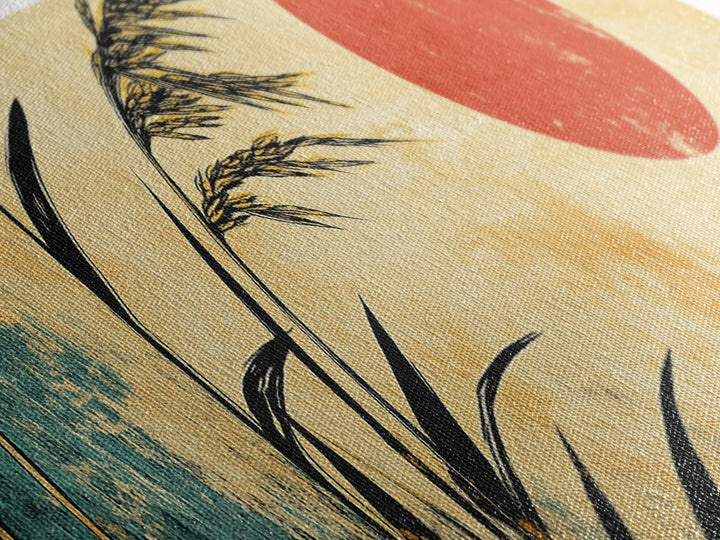 Minimal Reeds And Red Sun Canvas Print, Japanese Wall Art, Zen Home Decor, Japandi Coastal Poster For Calm Living Room Decor